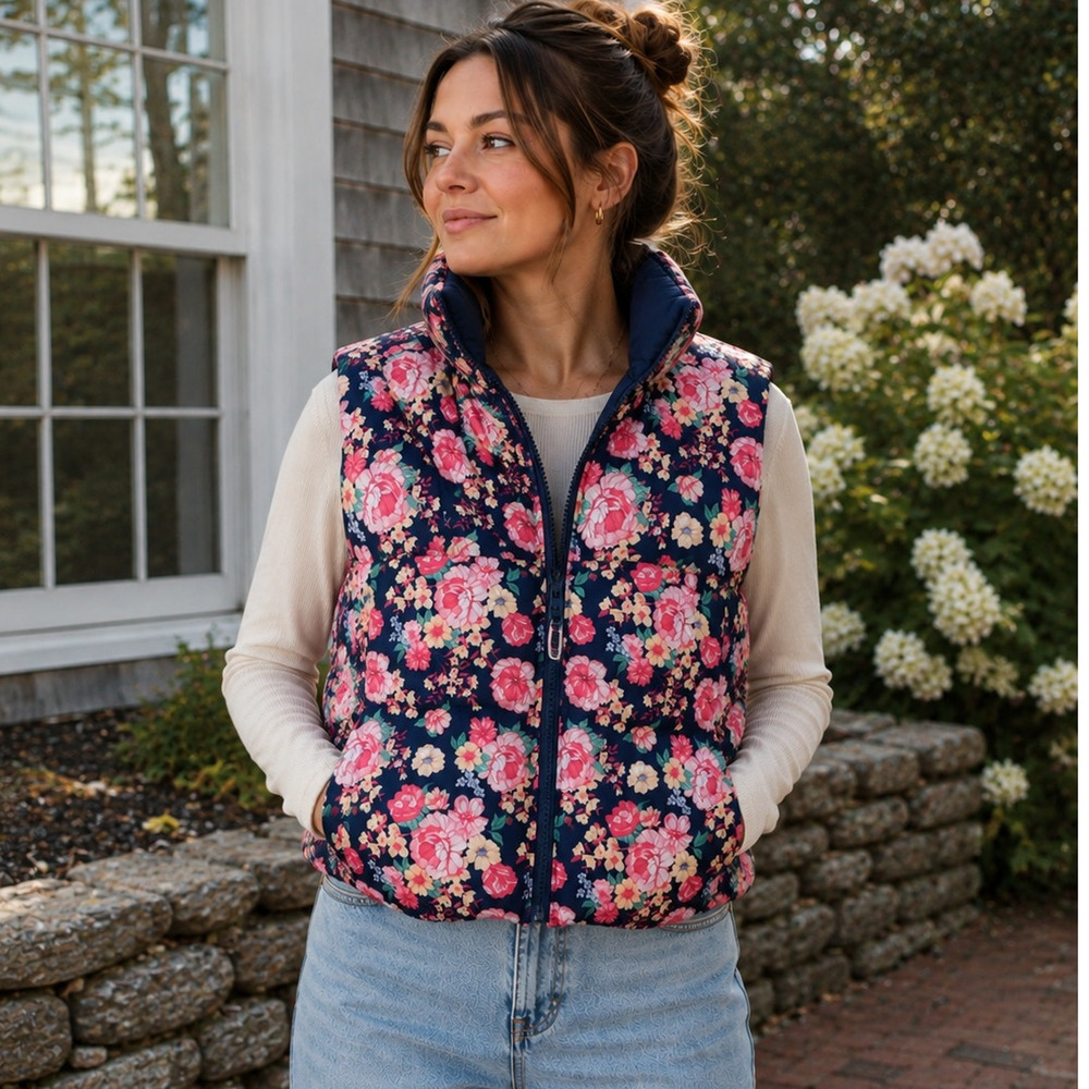 Simply Southern Puffer Vest Womens Size Large Floral Blue Pink Coquette Twee NEW